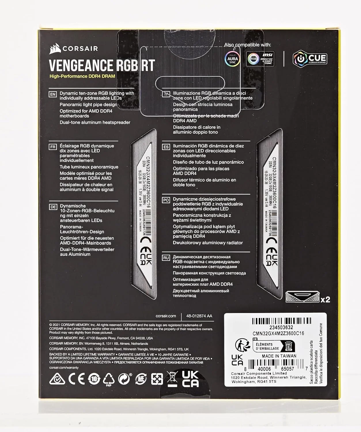 حافظه رم دسکتاپ 32 گیگابایتی (2x16GB) CORSAIR VENGEANCE RGB RT DDR4 3600 (PC4-28800) C16 1.35V حافظه رم دسکتاپ 32 گیگابایتی (2x16GB) CORSAIR VENGEANCE RGB RT DDR4 3600 (PC4-28800) C16 1.35V