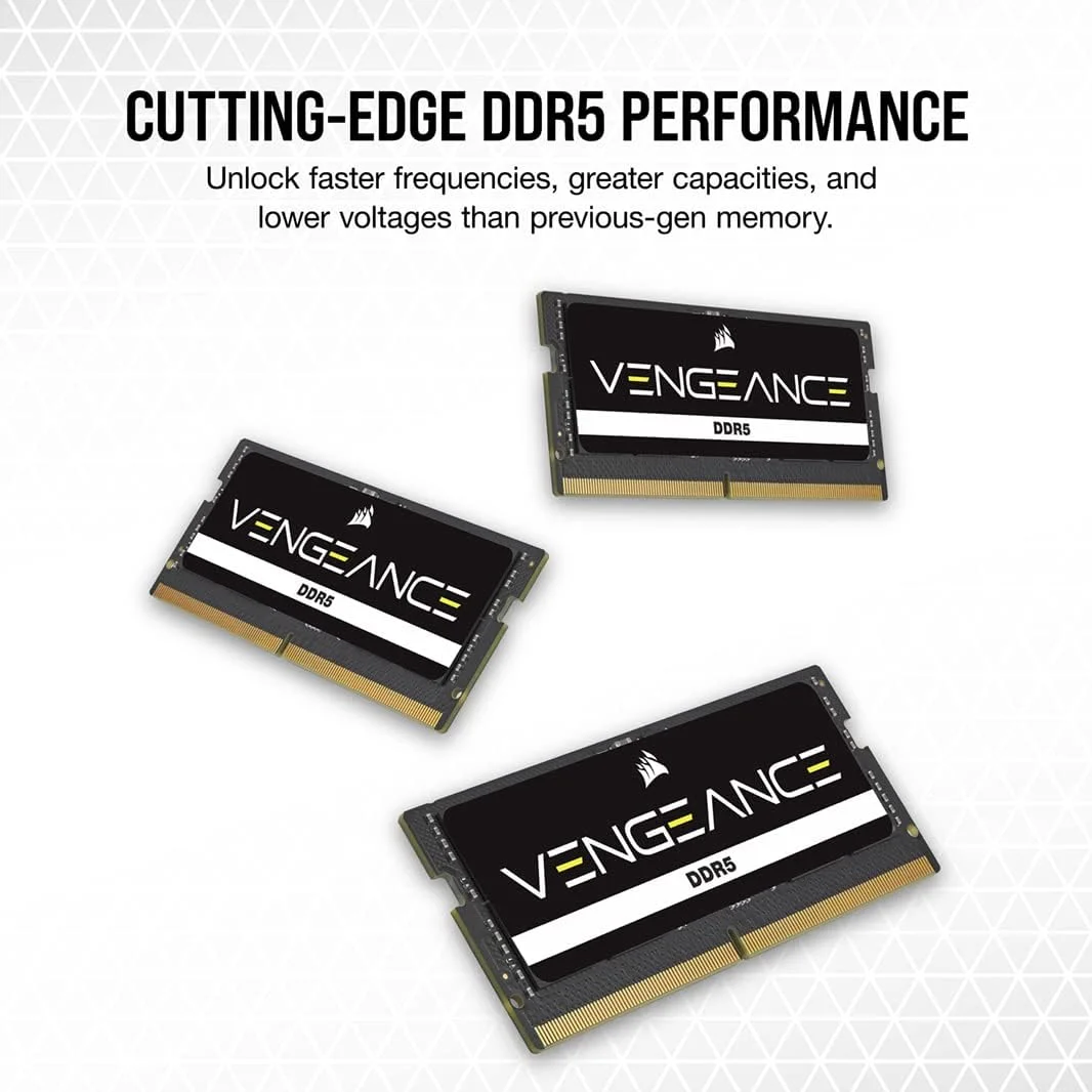 حافظه رم کرسیر VENGEANCE DDR5 SODIMM با ظرفیت 16 گیگابایت (1 عدد 16 گیگابایتی) DDR5 4800MHz C40 سازگار با تقریباً هر سیستم اینتل و AMD، مشکی، CMSX16GX5M1A4800C40، 1 عدد 16 گیگابایتی
