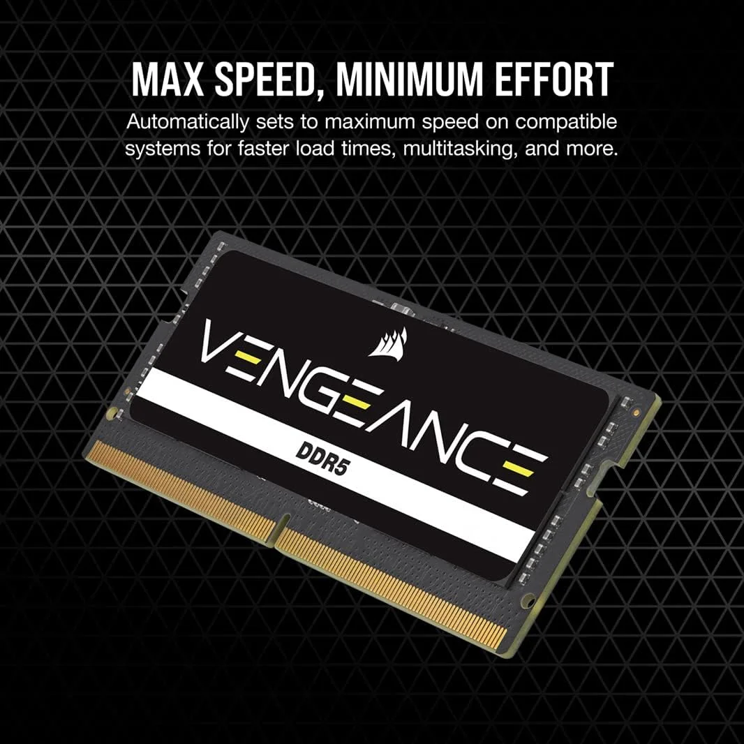 حافظه رم کرسیر VENGEANCE DDR5 SODIMM با ظرفیت 16 گیگابایت (1 عدد 16 گیگابایتی) DDR5 4800MHz C40 سازگار با تقریباً هر سیستم اینتل و AMD، مشکی، CMSX16GX5M1A4800C40، 1 عدد 16 گیگابایتی