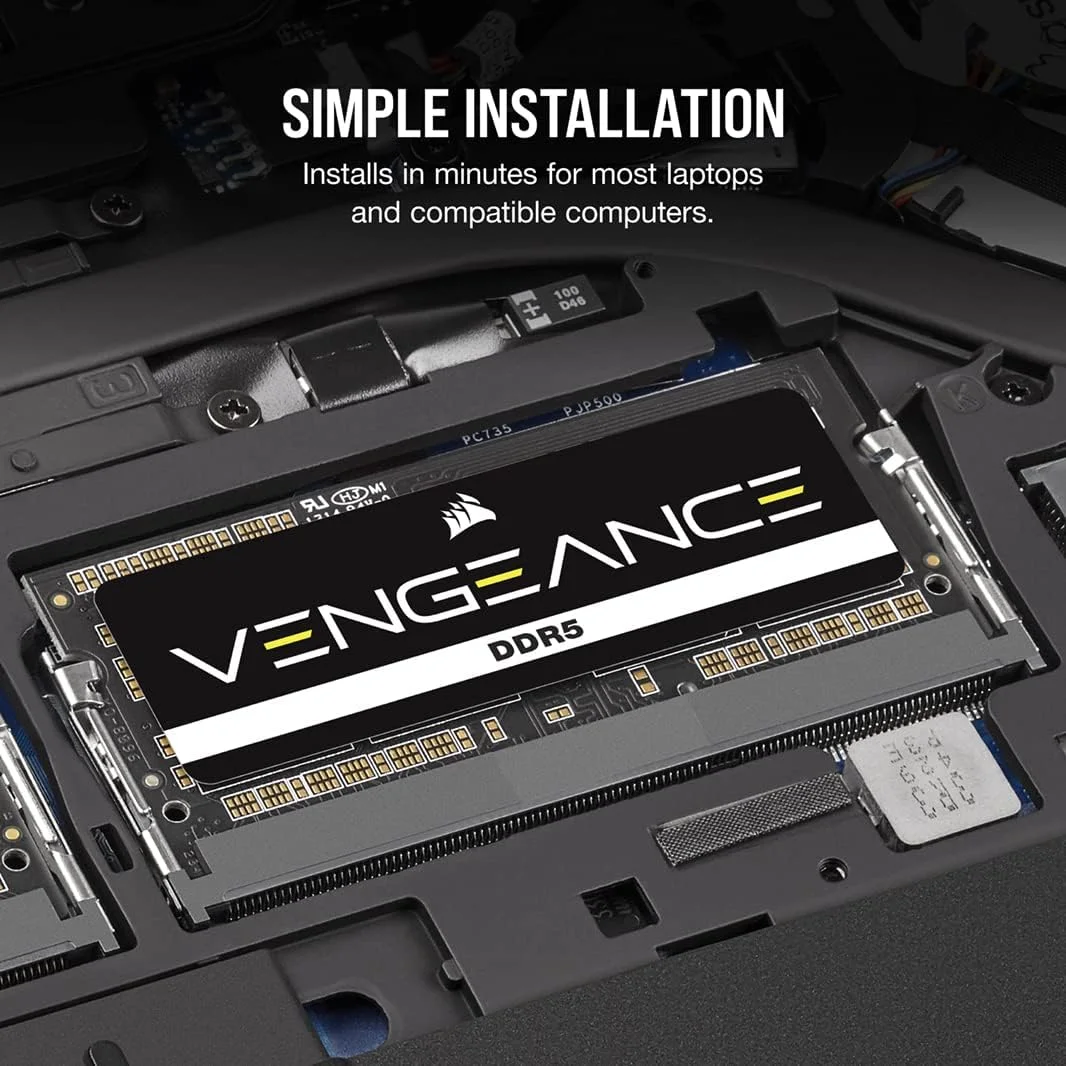 حافظه رم کرسیر VENGEANCE DDR5 SODIMM با ظرفیت 16 گیگابایت (1 عدد 16 گیگابایتی) DDR5 4800MHz C40 سازگار با تقریباً هر سیستم اینتل و AMD، مشکی، CMSX16GX5M1A4800C40، 1 عدد 16 گیگابایتی