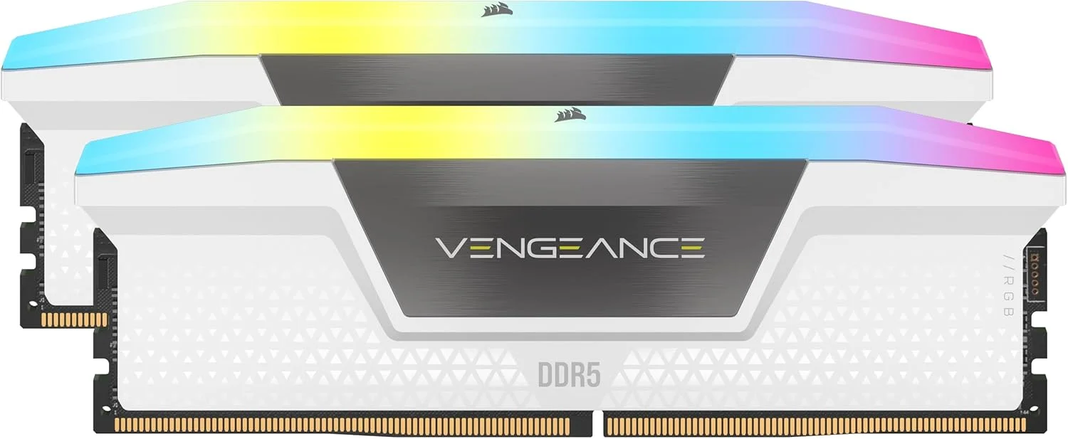 رم کامپیوتر دسکتاپ CORSAIR Vengeance RGB DDR5 با ظرفیت 64 گیگابایت (2x32 گیگابایت) 6000 مگاهرتز CL30-36-36-76 1.4 ولت AMD Expo و Intel XMP - سفید (CMH64GX5M2B6000Z30W)