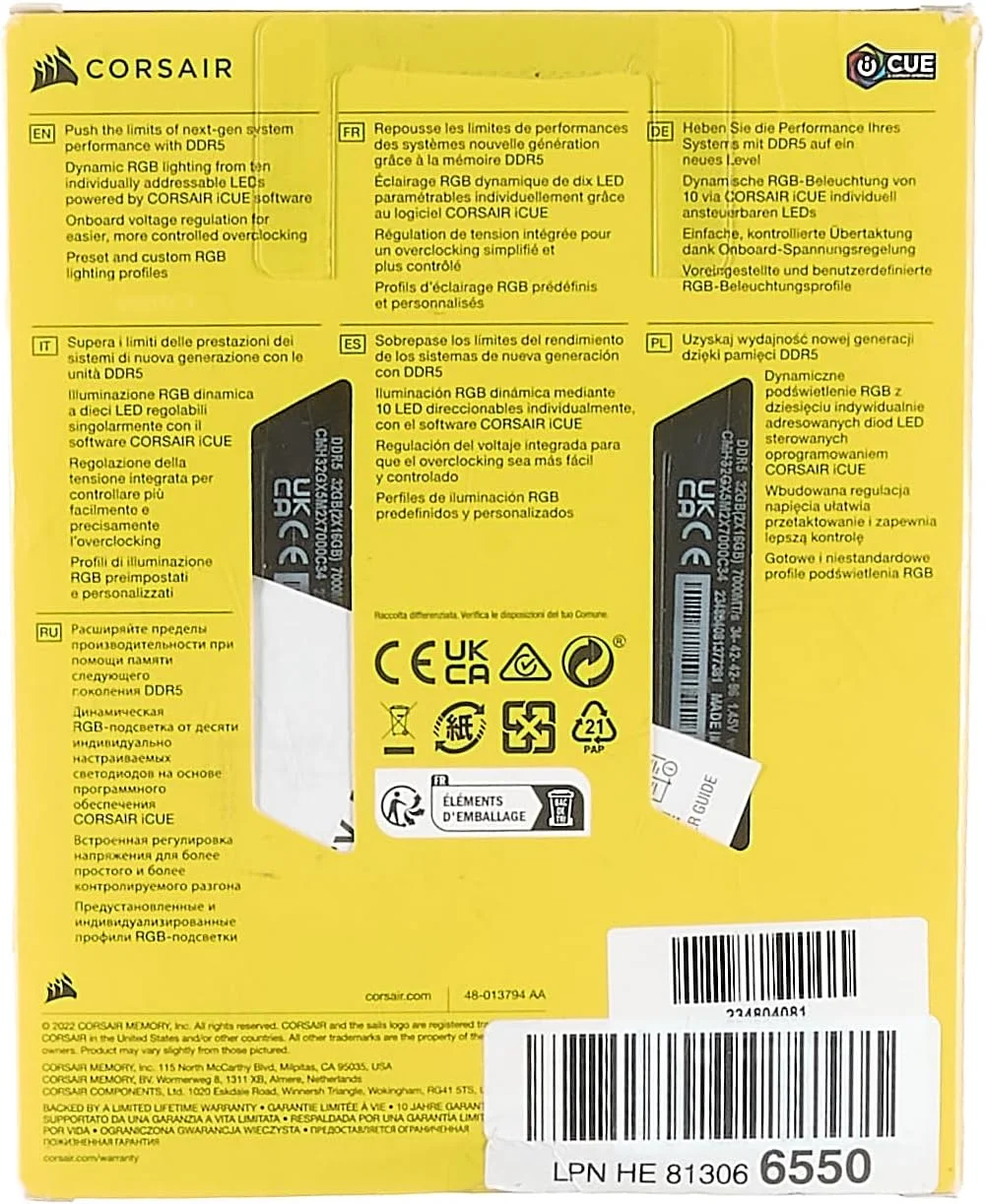 رم کامپیوتر DDR5 32 گیگابایتی (2x16GB) 7000MHz CL34 CORSAIR VENGEANCE RGB، سازگار با Intel XMP iCUE - مشکی (CMH32GX5M2X7000C34)