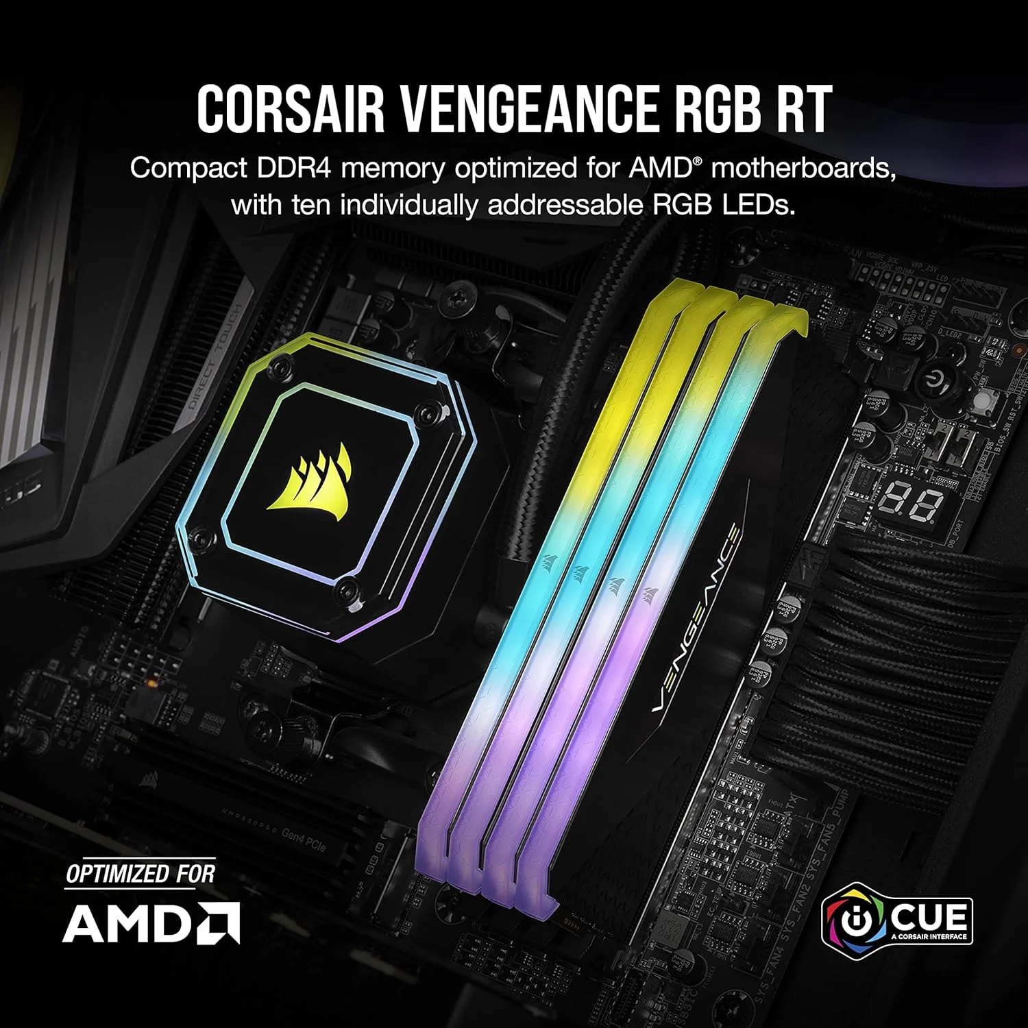 حافظه رم دسکتاپ 16 گیگابایتی (2x8GB) Corsair Vengeance RGB RT DDR4 4000MHz C18 (نورپردازی RGB پویا، بهینه شده برای AMD سری 300/400/500، سازگار با Intel سری 300/400/500) مشکی