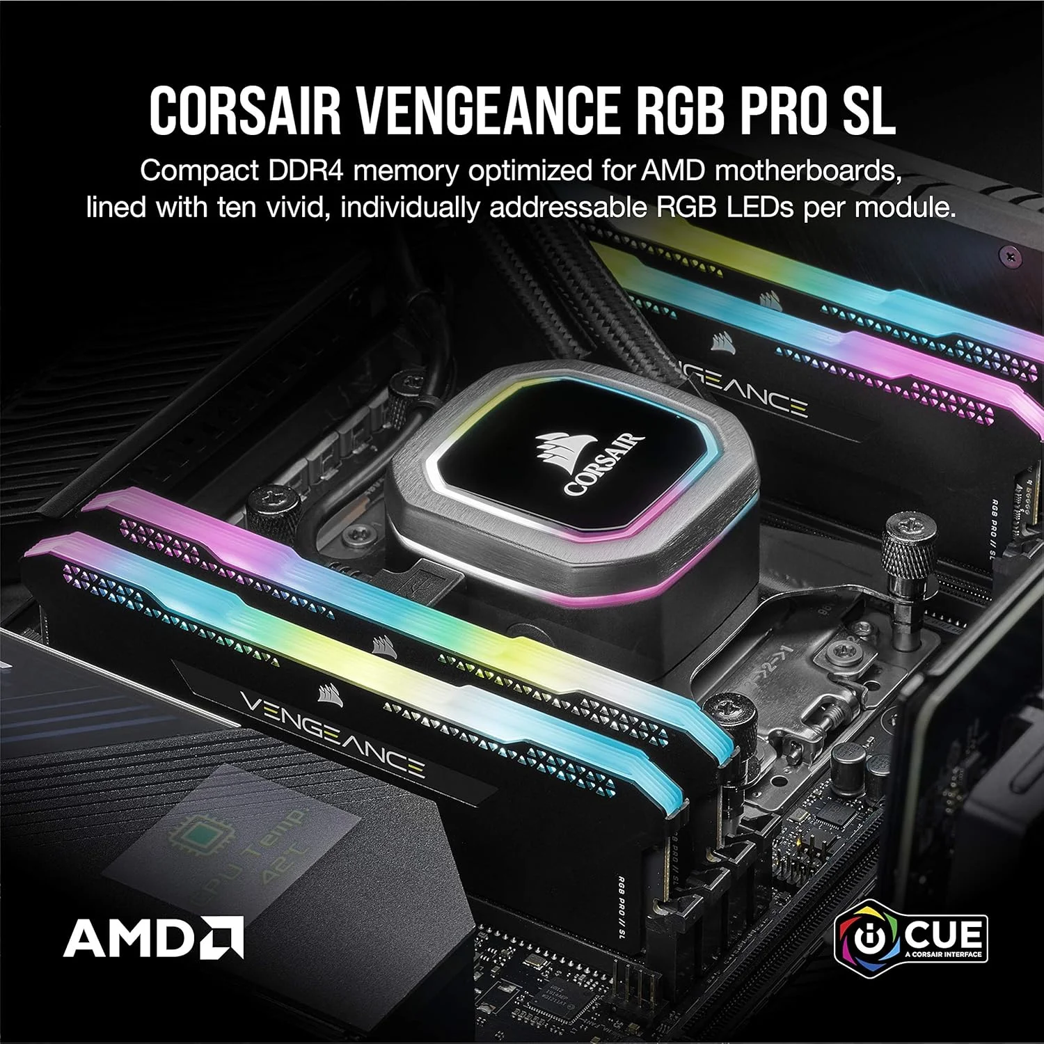 کیت حافظه دسکتاپ Corsair Vengeance RGB PRO SL 32 گیگابایت (2x16 گیگابایت) DDR4 3200 مگاهرتز C16، نورپردازی شده (10 LED RGB با قابلیت آدرس دهی جداگانه، بهینه شده برای AMD Ryzen)، مشکی