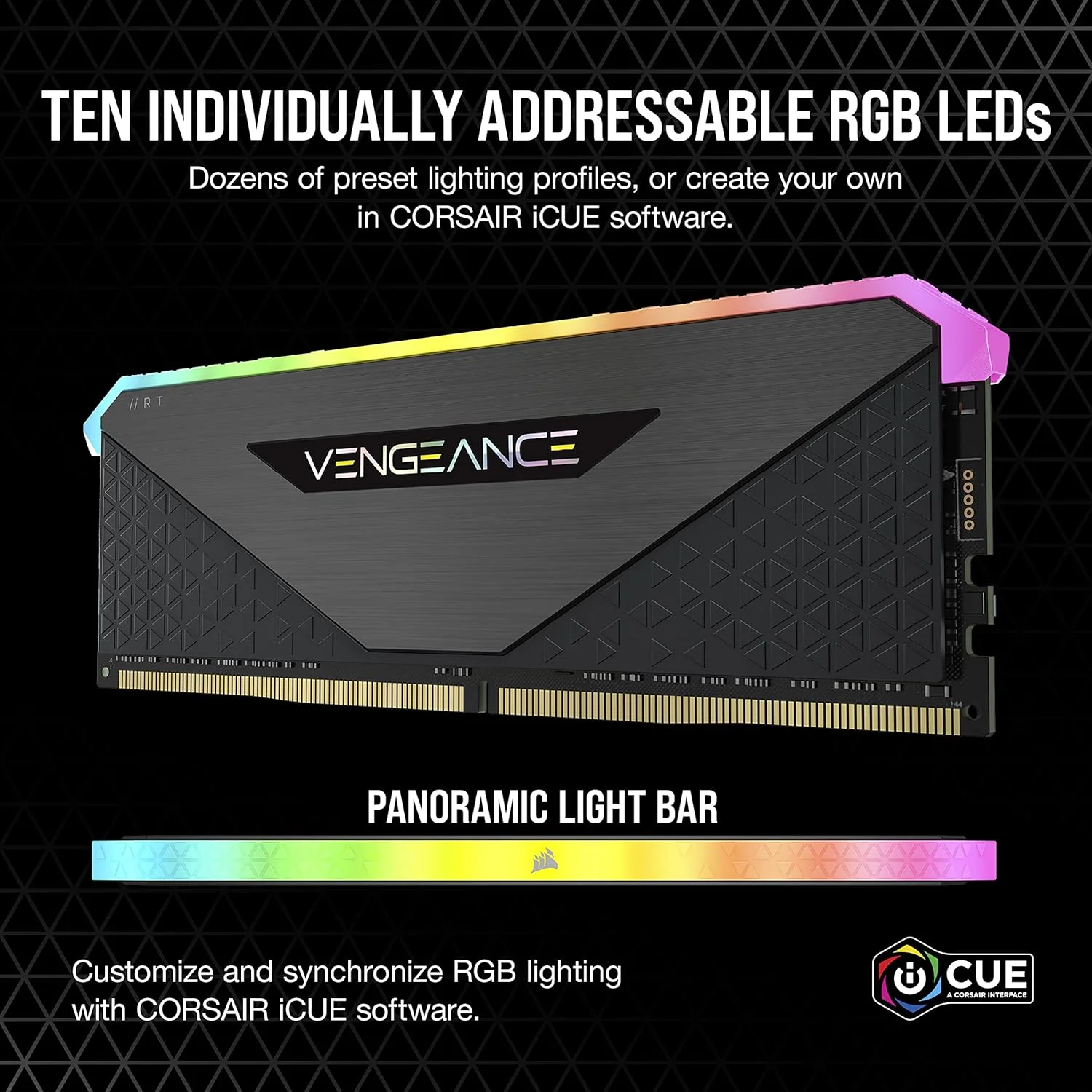 حافظه رم دسکتاپ 16 گیگابایتی (2x8GB) Corsair Vengeance RGB RT DDR4 4000MHz C18 (نورپردازی RGB پویا، بهینه شده برای AMD سری 300/400/500، سازگار با Intel سری 300/400/500) مشکی