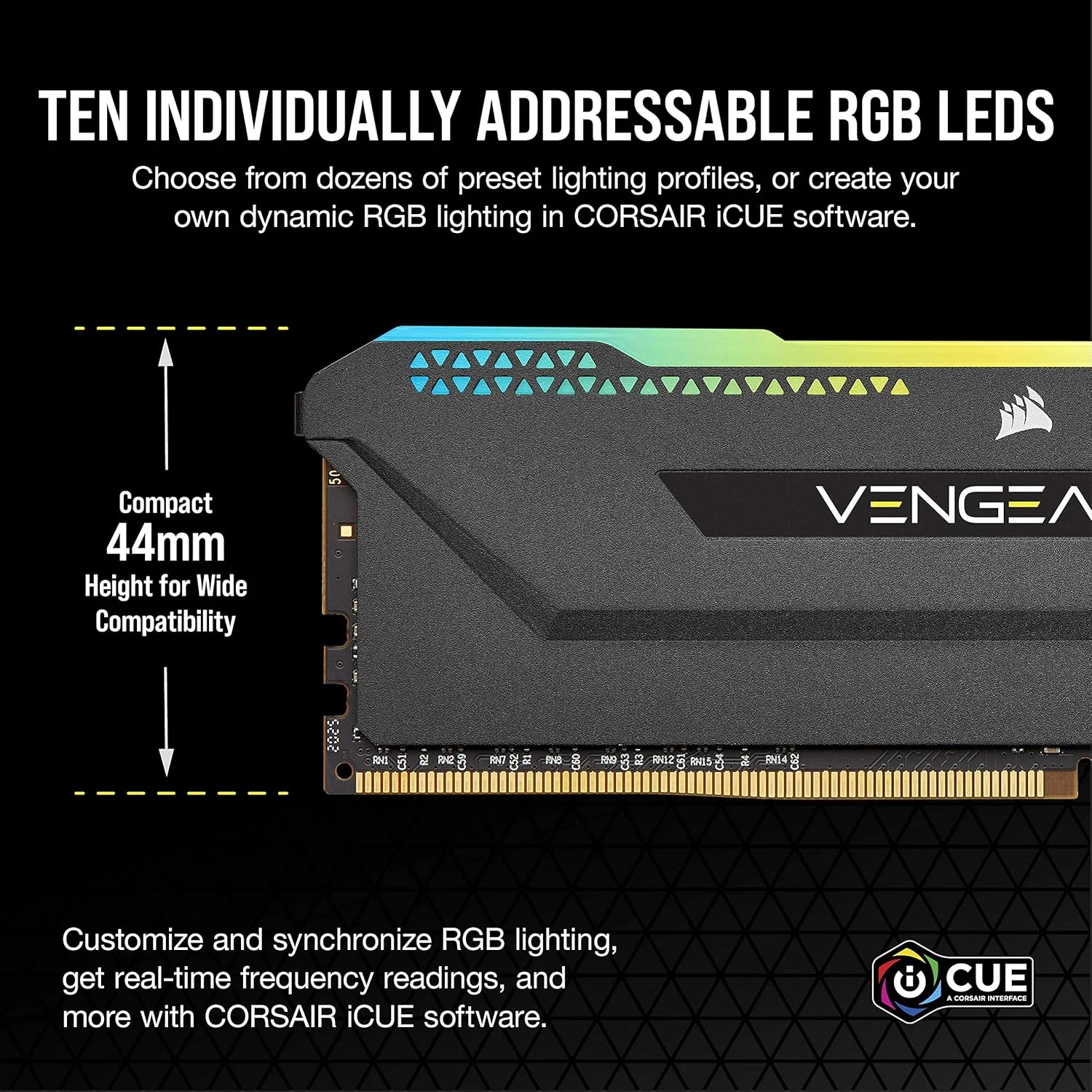 کیت حافظه دسکتاپ Corsair Vengeance RGB PRO SL 32 گیگابایت (2x16 گیگابایت) DDR4 3200 مگاهرتز C16، نورپردازی شده (10 LED RGB با قابلیت آدرس دهی جداگانه، بهینه شده برای AMD Ryzen)، مشکی