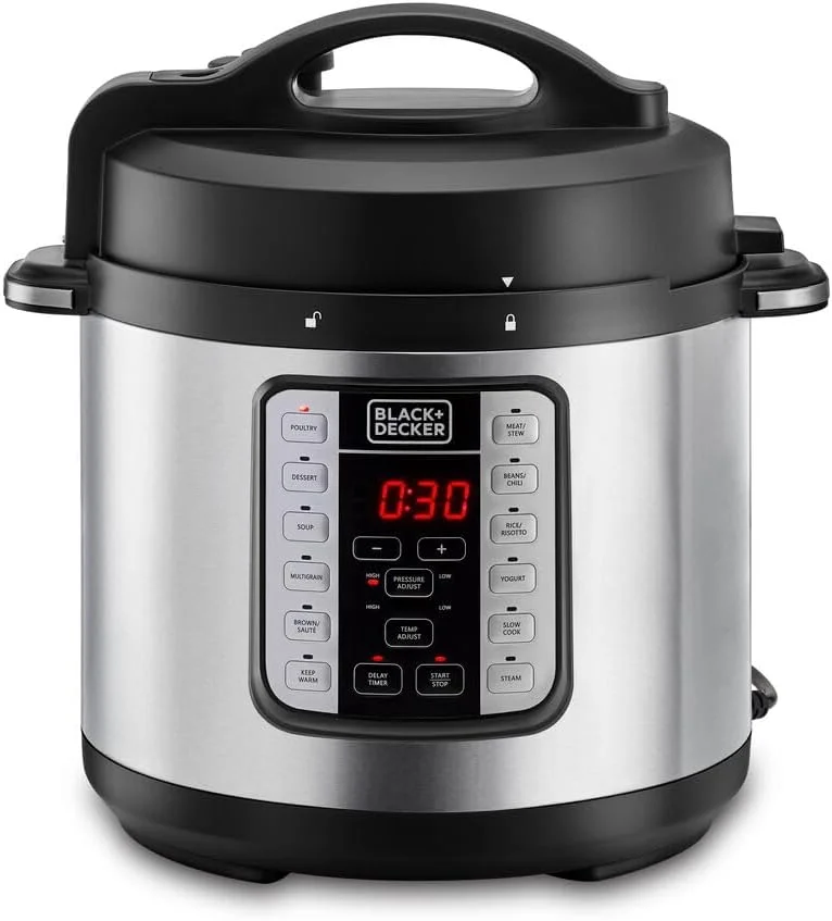 دیگ بخار هوشمند BLACK+DECKER EZ، چند منظوره 1000 وات، پلوپز برقی قابل برنامه ریزی 7 در 1، ظرفیت 6.0 لیتر، نمایشگر LED دیجیتال، محافظت در برابر گرمای بیش از حد، تایمر تاخیری، مشکی/نقره ای، PCP1000-B5