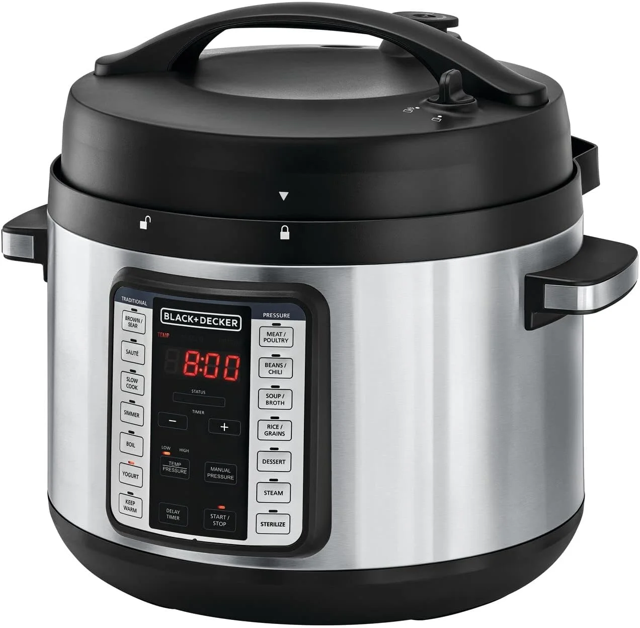 زودپز هوشمند بخارپز BLACK+DECKER مدل 1350 وات، دیگ زودپز برقی 9 در 1، ظرفیت 10 لیتر، 14 برنامه هوشمند، نمایشگر LED دیجیتال، نچسب، گرم نگهدارنده، خروج بخار دو منظوره، مشکی/نقره ای - PCP1010-B5