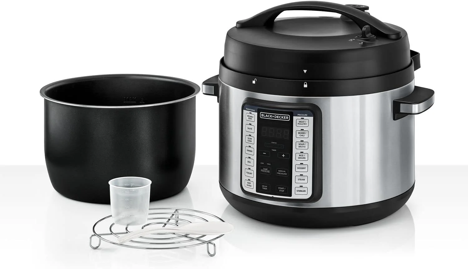زودپز هوشمند بخارپز BLACK+DECKER مدل 1350 وات، دیگ زودپز برقی 9 در 1، ظرفیت 10 لیتر، 14 برنامه هوشمند، نمایشگر LED دیجیتال، نچسب، گرم نگهدارنده، خروج بخار دو منظوره، مشکی/نقره ای - PCP1010-B5