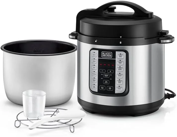دیگ بخار هوشمند BLACK+DECKER EZ، چند منظوره 1000 وات، پلوپز برقی قابل برنامه ریزی 7 در 1، ظرفیت 6.0 لیتر، نمایشگر LED دیجیتال، محافظت در برابر گرمای بیش از حد، تایمر تاخیری، مشکی/نقره ای، PCP1000-B5