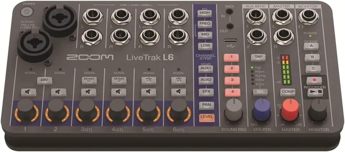 میکسر دیجیتال 10 کاناله قابل حمل ZOOM LiveTrak L-6، ضبط کننده چند مسیره و رابط صوتی برای گروه ها، ضبط زنده و تولید موسیقی استودیویی، 32 بیتی، XLR-TRS، افکت ها، نسخه انگلستان میکسر دیجیتال 10 کاناله قابل حمل ZOOM LiveTrak L-6، ضبط کننده چند مسیره و رابط صوتی برای گروه ها، ضبط زنده و تولید موسیقی استودیویی، 32 بیتی، XLR-TRS، افکت ها، نسخه انگلستان