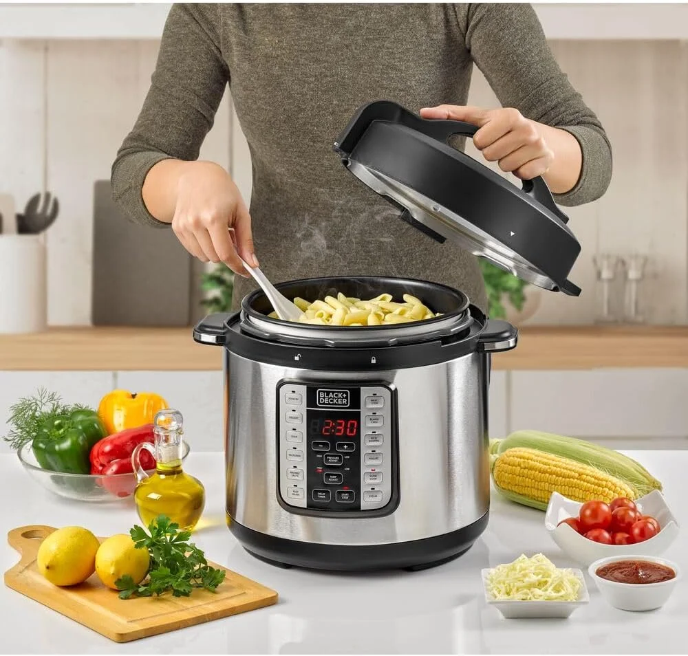 دیگ بخار هوشمند BLACK+DECKER EZ، چند منظوره 1000 وات، پلوپز برقی قابل برنامه ریزی 7 در 1، ظرفیت 6.0 لیتر، نمایشگر LED دیجیتال، محافظت در برابر گرمای بیش از حد، تایمر تاخیری، مشکی/نقره ای، PCP1000-B5