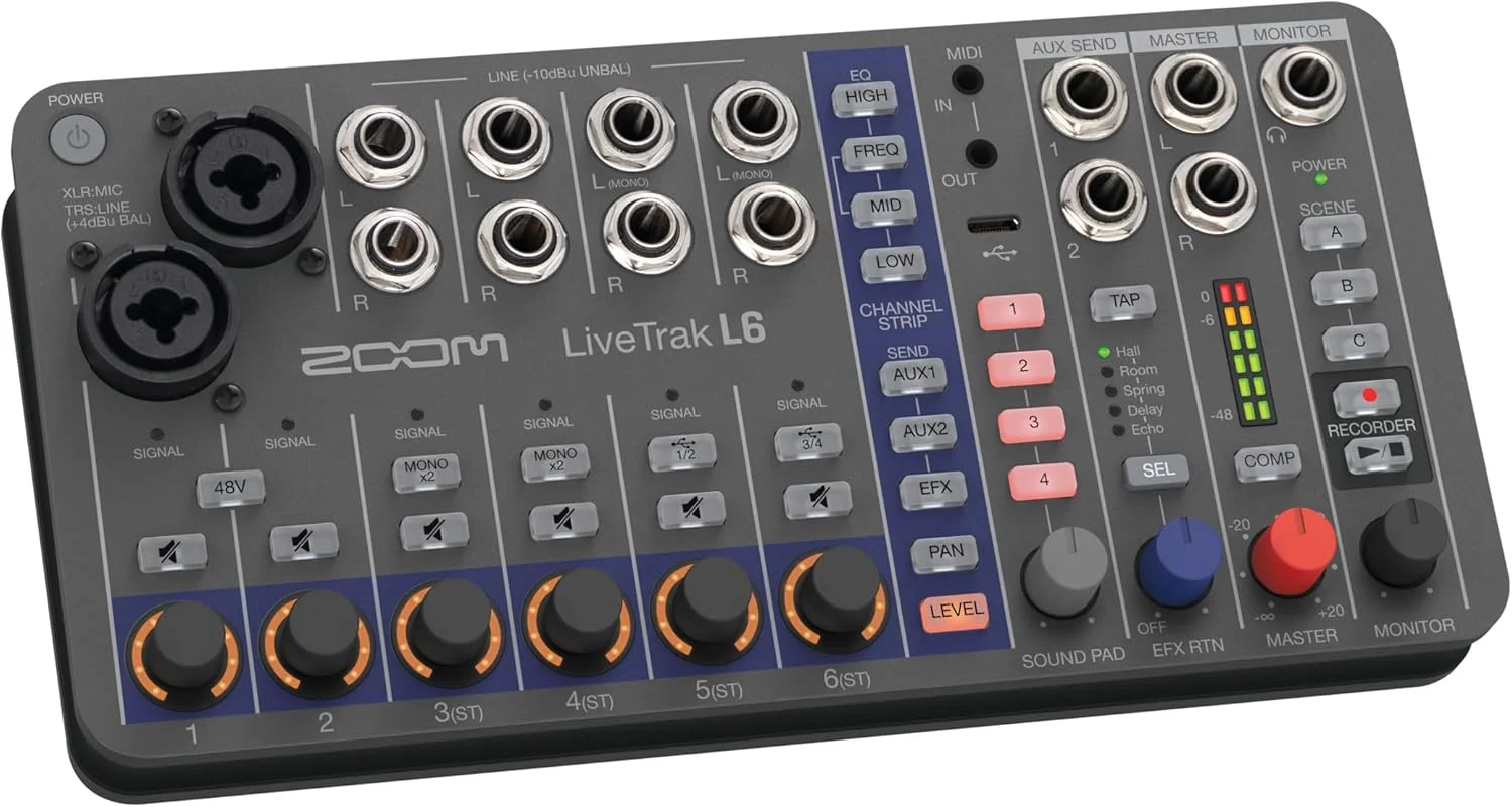 میکسر دیجیتال 10 کاناله قابل حمل ZOOM LiveTrak L-6، ضبط کننده چند مسیره و رابط صوتی برای گروه ها، ضبط زنده و تولید موسیقی استودیویی، 32 بیتی، XLR-TRS، افکت ها، نسخه انگلستان میکسر دیجیتال 10 کاناله قابل حمل ZOOM LiveTrak L-6، ضبط کننده چند مسیره و رابط صوتی برای گروه ها، ضبط زنده و تولید موسیقی استودیویی، 32 بیتی، XLR-TRS، افکت ها، نسخه انگلستان