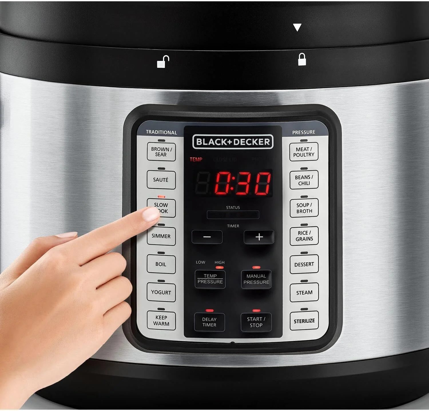 زودپز هوشمند بخارپز BLACK+DECKER مدل 1350 وات، دیگ زودپز برقی 9 در 1، ظرفیت 10 لیتر، 14 برنامه هوشمند، نمایشگر LED دیجیتال، نچسب، گرم نگهدارنده، خروج بخار دو منظوره، مشکی/نقره ای - PCP1010-B5