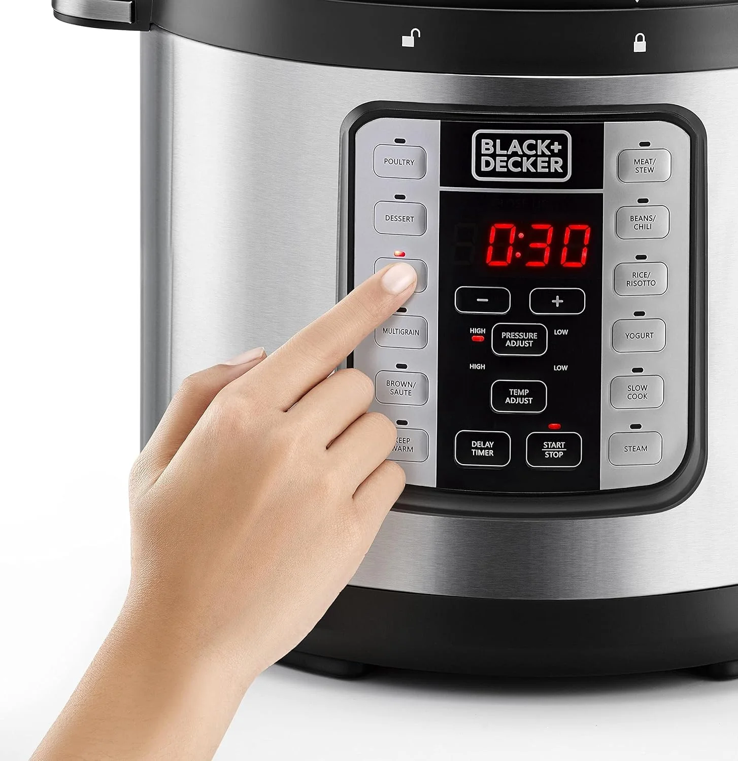 دیگ بخار هوشمند BLACK+DECKER EZ، چند منظوره 1000 وات، پلوپز برقی قابل برنامه ریزی 7 در 1، ظرفیت 6.0 لیتر، نمایشگر LED دیجیتال، محافظت در برابر گرمای بیش از حد، تایمر تاخیری، مشکی/نقره ای، PCP1000-B5