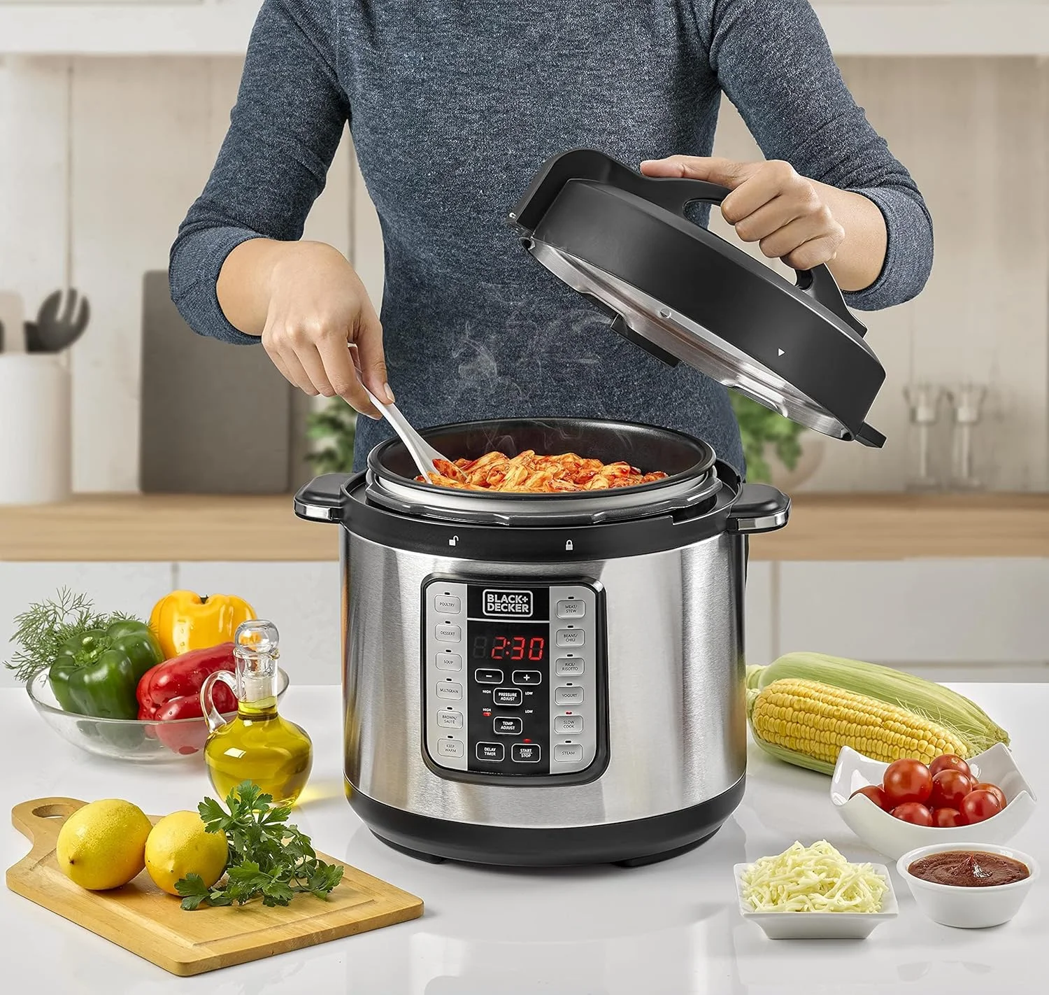 دیگ بخار هوشمند BLACK+DECKER EZ، چند منظوره 1000 وات، پلوپز برقی قابل برنامه ریزی 7 در 1، ظرفیت 6.0 لیتر، نمایشگر LED دیجیتال، محافظت در برابر گرمای بیش از حد، تایمر تاخیری، مشکی/نقره ای، PCP1000-B5