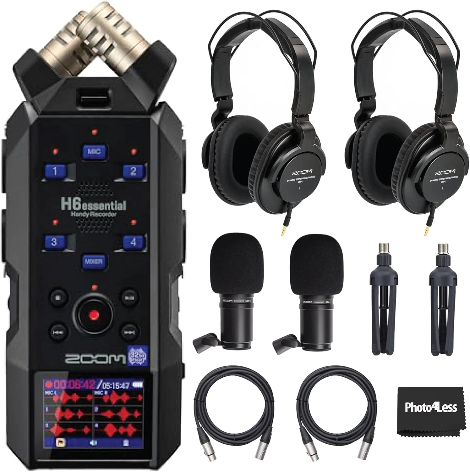 بسته ضبط کننده صوتی قابل حمل 6 ترک 32 بیتی Zoom H6essential به همراه 2 بسته میکروفون پادکست Zoom ZDM-1 با هدفون، بادگیر، کابل XLR و پایه رومیزی
