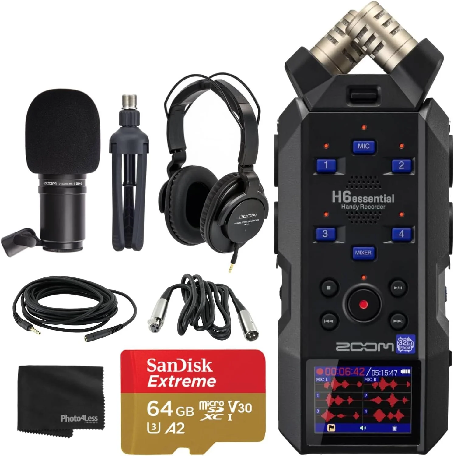 ضبط کننده قابل حمل 6 ترک زوم H6essential با 32 بیت شناور، قابلیت دسترسی، میکروفون های استریو، 4 ورودی XLR/TRS، ضبط روی کارت SD، رابط صوتی USB، برای نوازندگان، پادکسترها، فیلمسازان