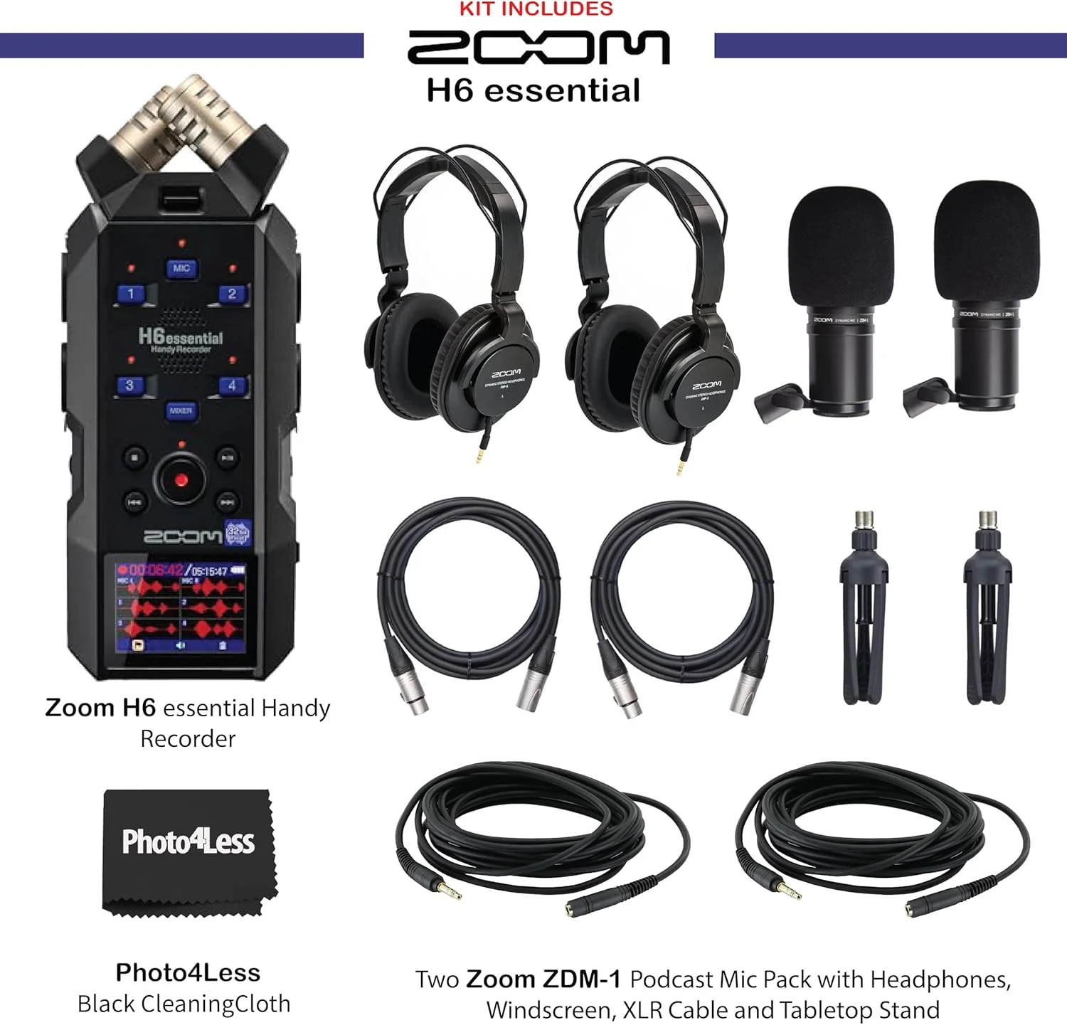 بسته ضبط کننده صوتی قابل حمل 6 ترک 32 بیتی Zoom H6essential به همراه 2 بسته میکروفون پادکست Zoom ZDM-1 با هدفون، بادگیر، کابل XLR و پایه رومیزی بسته ضبط کننده صوتی قابل حمل 6 ترک 32 بیتی Zoom H6essential به همراه 2 بسته میکروفون پادکست Zoom ZDM-1 با هدفون، بادگیر، کابل XLR و پایه رومیزی