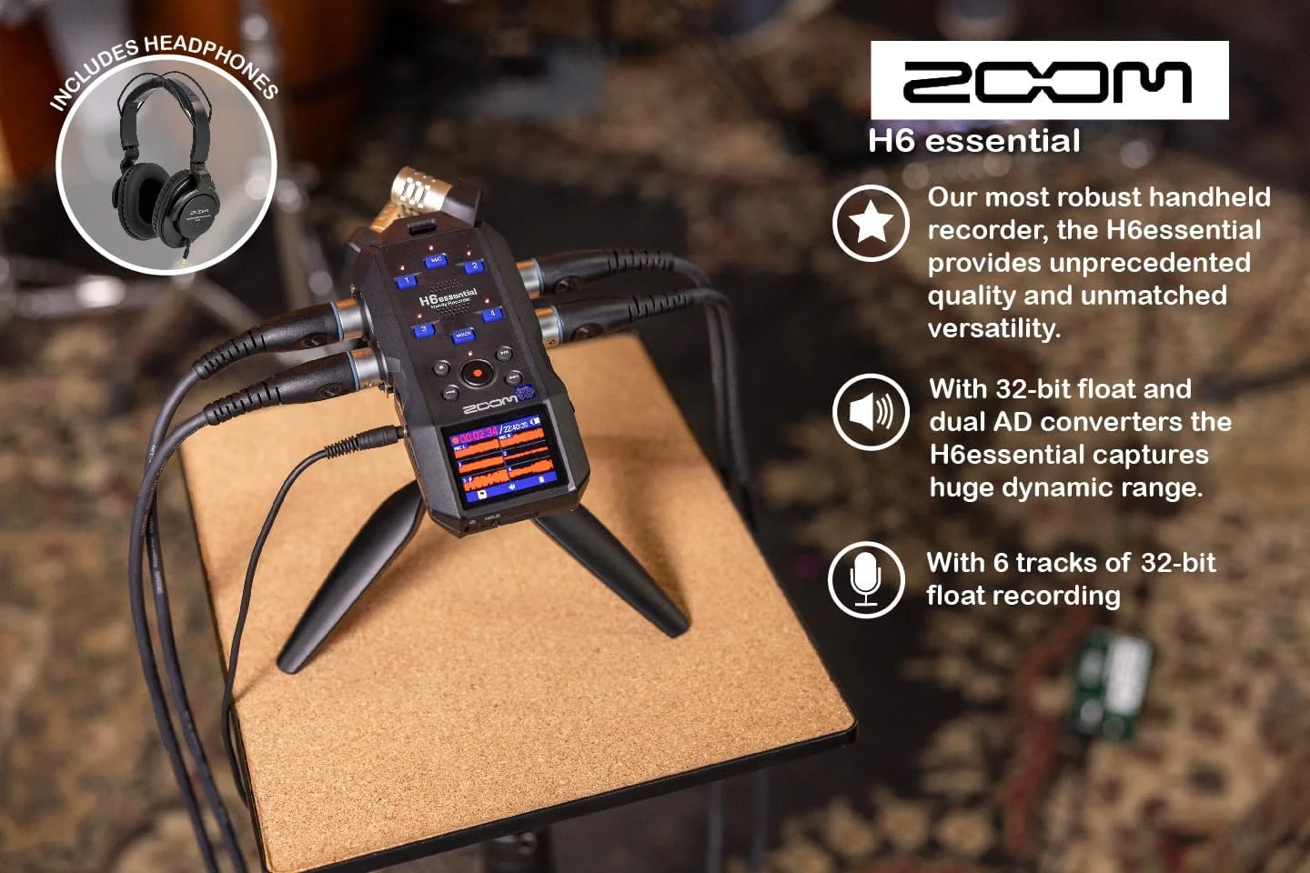 ضبط کننده قابل حمل 6 ترک زوم H6essential با 32 بیت شناور، قابلیت دسترسی، میکروفون های استریو، 4 ورودی XLR/TRS، ضبط روی کارت SD، رابط صوتی USB، برای نوازندگان، پادکسترها، فیلمسازان ضبط کننده قابل حمل 6 ترک زوم H6essential با 32 بیت شناور، قابلیت دسترسی، میکروفون های استریو، 4 ورودی XLR/TRS، ضبط روی کارت SD، رابط صوتی USB، برای نوازندگان، پادکسترها، فیلمسازان