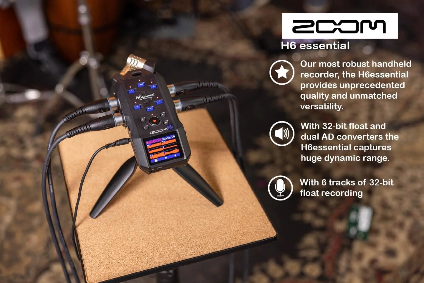 بسته ضبط کننده صوتی قابل حمل 6 ترک 32 بیتی Zoom H6essential به همراه 2 بسته میکروفون پادکست Zoom ZDM-1 با هدفون، بادگیر، کابل XLR و پایه رومیزی بسته ضبط کننده صوتی قابل حمل 6 ترک 32 بیتی Zoom H6essential به همراه 2 بسته میکروفون پادکست Zoom ZDM-1 با هدفون، بادگیر، کابل XLR و پایه رومیزی