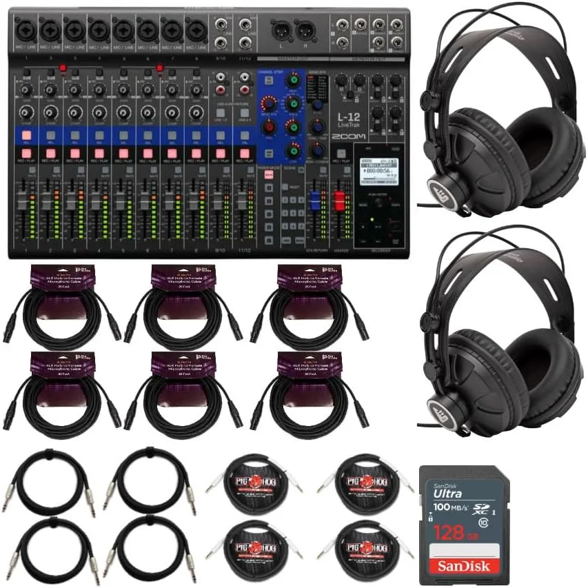 پکیج میکسر دیجیتال و ضبط کننده 12 کاناله Zoom LiveTrak L-12 به همراه هدفون TX-100 (دو عدد)، کابل TS (چهار عدد)، کارت حافظه 128 گیگابایتی، کابل 25 فوتی (6 عدد) و کابل TRS (6 فوتی، 4 عدد) (18 قطعه)