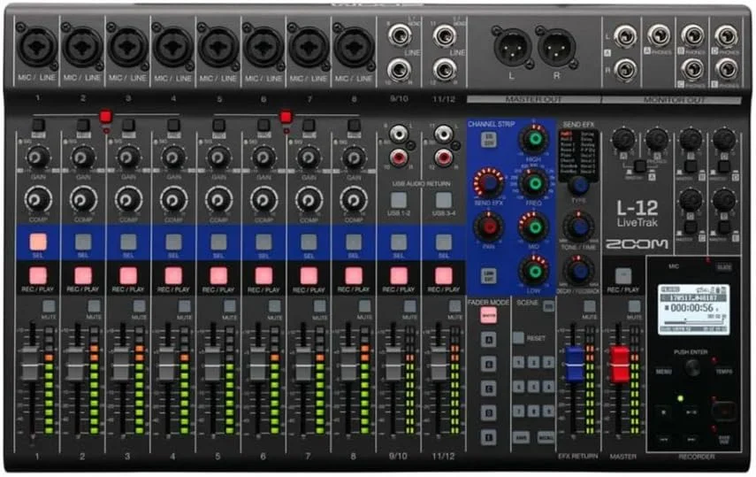 پکیج میکسر دیجیتال و ضبط کننده 12 کاناله Zoom LiveTrak L-12 به همراه هدفون TX-100 (دو عدد)، کابل TS (چهار عدد)، کارت حافظه 128 گیگابایتی، کابل 25 فوتی (6 عدد) و کابل TRS (6 فوتی، 4 عدد) (18 قطعه)