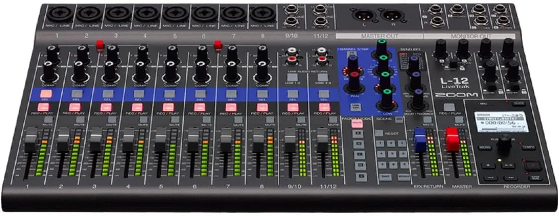 پکیج میکسر دیجیتال و ضبط کننده 12 کاناله Zoom LiveTrak L-12 به همراه هدفون TX-100 (دو عدد)، کابل TS (چهار عدد)، کارت حافظه 128 گیگابایتی، کابل 25 فوتی (6 عدد) و کابل TRS (6 فوتی، 4 عدد) (18 قطعه)