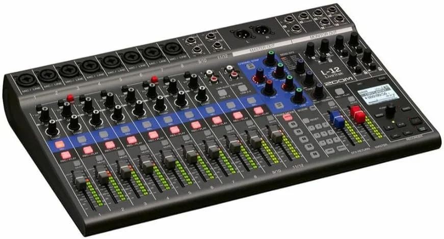 پکیج میکسر دیجیتال و ضبط کننده 12 کاناله Zoom LiveTrak L-12 به همراه هدفون TX-100 (دو عدد)، کابل TS (چهار عدد)، کارت حافظه 128 گیگابایتی، کابل 25 فوتی (6 عدد) و کابل TRS (6 فوتی، 4 عدد) (18 قطعه)