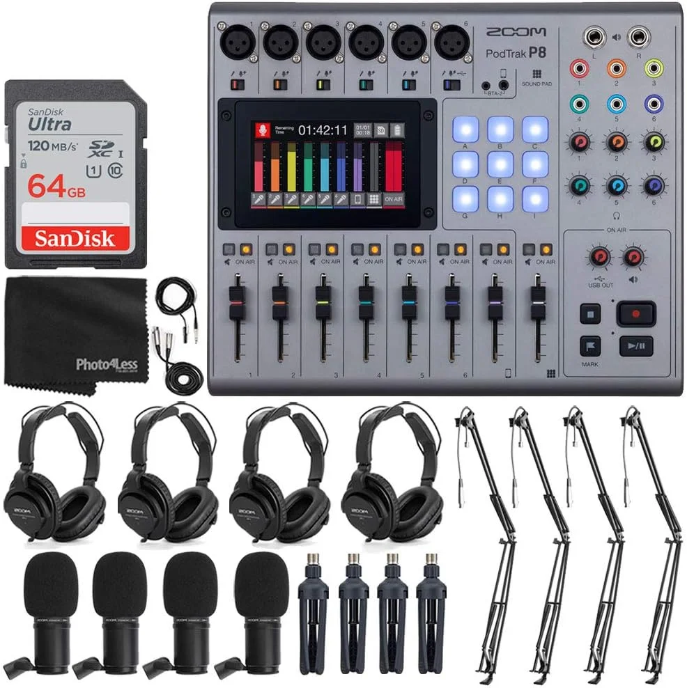 دستگاه ضبط پادکست چند مسیره زوم مدل PodTrak P8 + 4 عدد میکروفون پادکست زوم مدل ZDM-1 + 4 عدد هدفون + 4 عدد بادگیر + 4 عدد پایه رومیزی + کارت حافظه 64 گیگابایتی + 4 عدد بازوی بوم + کابل - بسته نهایی پادکست