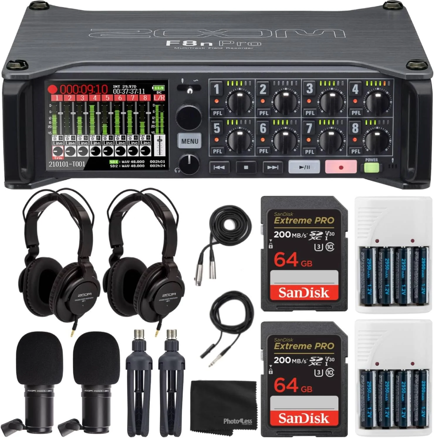پکیج ضبط کننده چند مسیره Zoom F8n Pro به همراه 2 عدد میکروفون پادکست Zoom ZDM-1 به همراه 2 عدد شارژر و 4 عدد باتری AA و 2 عدد کارت حافظه 64 گیگابایتی Extreme PRO
