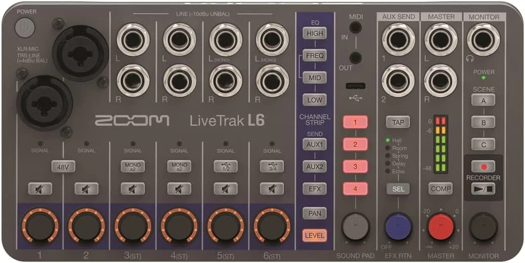 میکسر دیجیتال قابل حمل 10 کاناله زوم LiveTrak L-6 | ضبط کننده و رابط چند مسیره | XLR-TRS | 32 بیتی | تاخیر | اکو | ریورب | کمپرسور | پخش زنده | خاکستری