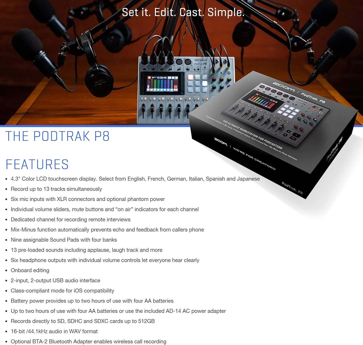 دستگاه ضبط پادکست چند مسیره زوم مدل PodTrak P8 + 4 عدد میکروفون پادکست زوم مدل ZDM-1 + 4 عدد هدفون + 4 عدد بادگیر + 4 عدد پایه رومیزی + کارت حافظه 64 گیگابایتی + 4 عدد بازوی بوم + کابل - بسته نهایی پادکست