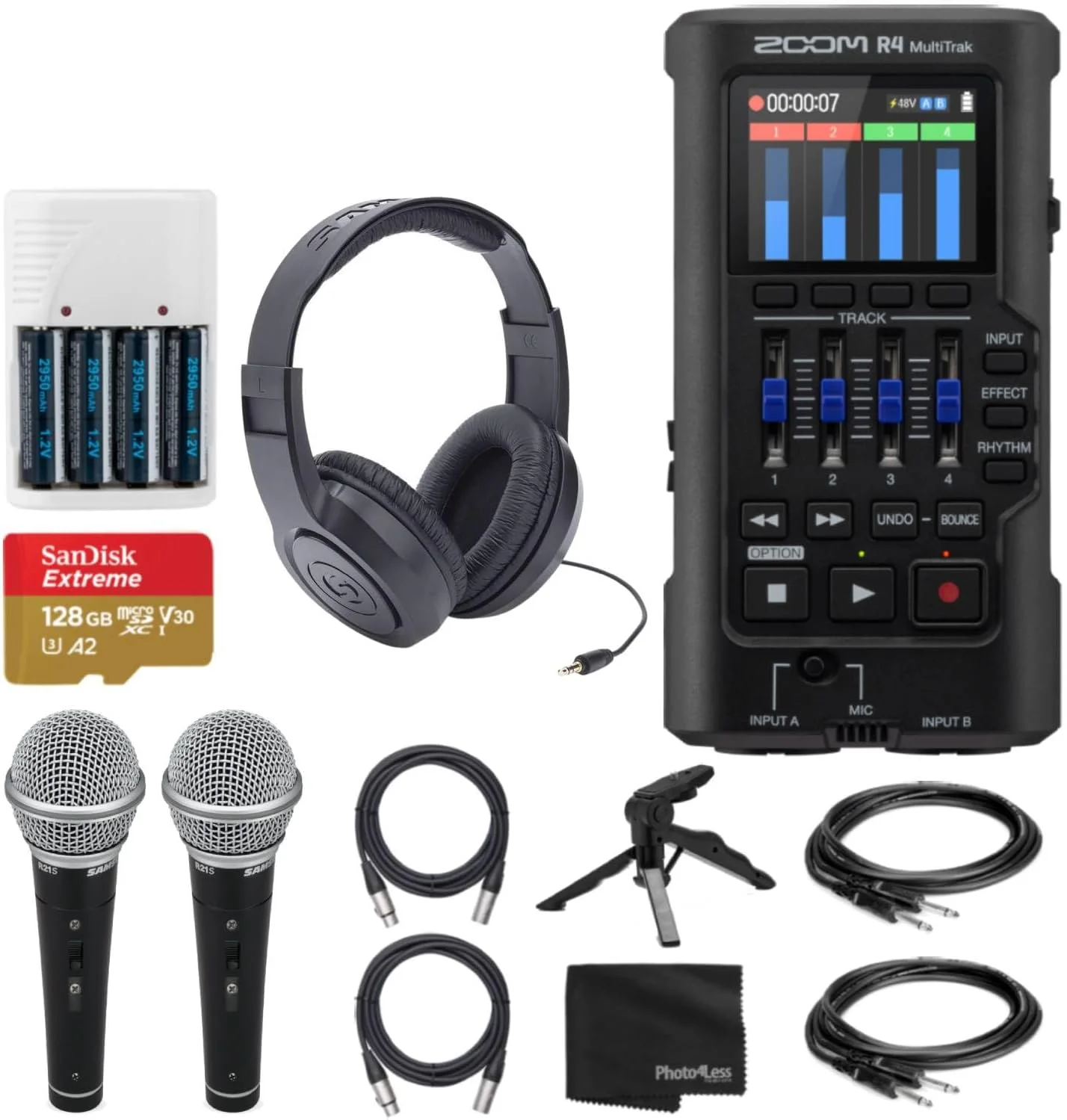 ضبط کننده 32 بیتی شناور Zoom R4 MultiTrak با قابلیت Stereo Bouncing به همراه هدفون استریو Over-Ear، میکروفون دستی (2 عدد)، کارت حافظه microSDXC 128 گیگابایتی و لوازم جانبی