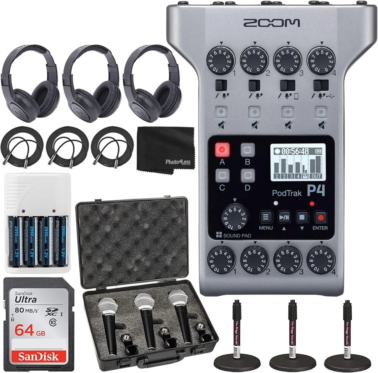 دستگاه ضبط پادکست چند مسیره قابل حمل زوم مدل PodTrak P4 + کارت حافظه 64 گیگابایتی SDXC + میکروفون دستی کاردیود دینامیک (بسته 3 عددی) به همراه کیف حمل + 3 عدد هدفون استریو + 3 عدد پایه میکروفون + باتری و شارژر