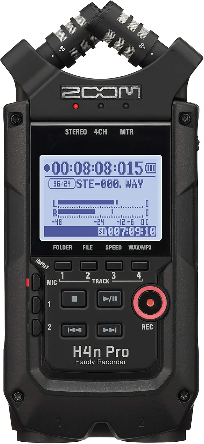 ضبط کننده پرتابل 4 ترک زوم H4N Pro مدل All Black (مدل 2020)، میکروفون های استریو، 2 ورودی کمبو XLR/ ¼ اینچ، ورودی گیتار، تغذیه با باتری، ضبط کننده چند ترک برای موسیقی، صدا برای ویدیو، پادکست