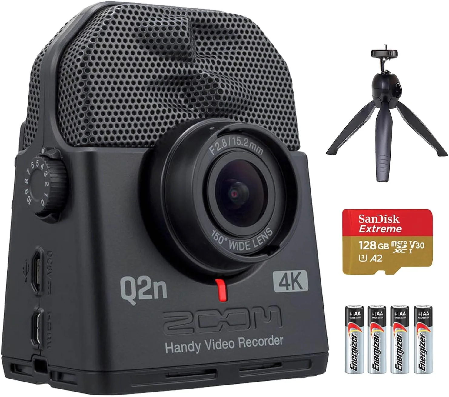 ضبط کننده ویدیویی دستی زوم Q2n-4K Ultra High Definition با سه پایه رومیزی، گریپ دستی، کارت microSDXC اکستریم SanDisk با ظرفیت 128 گیگابایت و باتری های Energizer Premium Max AA