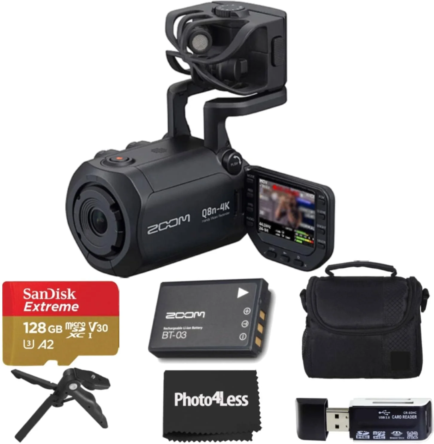 ضبط کننده ویدیویی دستی با کیفیت فوق العاده بالا Zoom Q8n-4K، ضبط صوتی چهار مسیره، برای ضبط/پخش موسیقی، پادکست + کارت حافظه microSDXC 128 گیگابایتی + باتری قابل شارژ + لوازم جانبی - بسته نرم افزاری