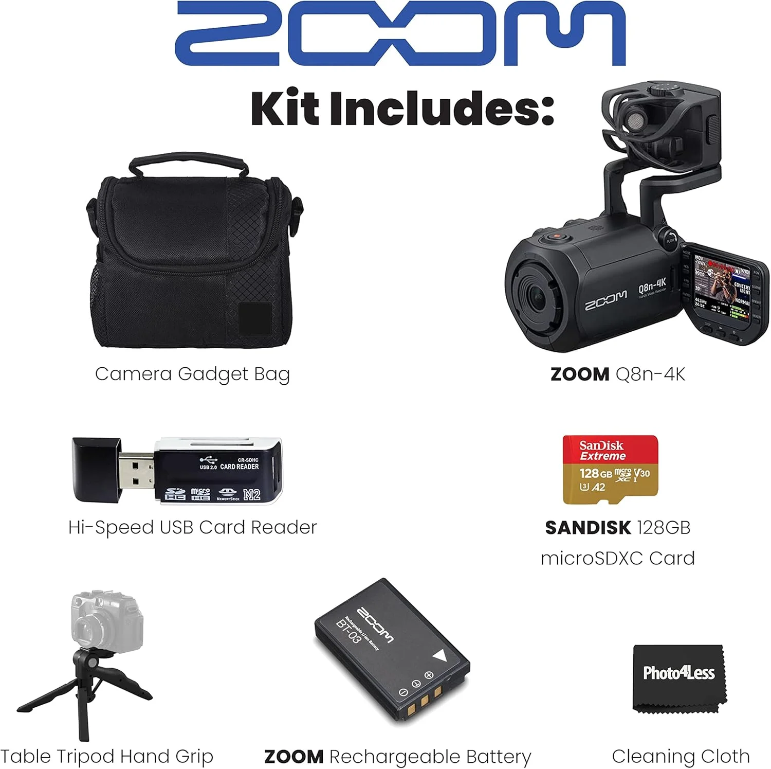 ضبط کننده ویدیویی دستی با کیفیت فوق العاده بالا Zoom Q8n-4K، ضبط صوتی چهار مسیره، برای ضبط/پخش موسیقی، پادکست + کارت حافظه microSDXC 128 گیگابایتی + باتری قابل شارژ + لوازم جانبی - بسته نرم افزاری