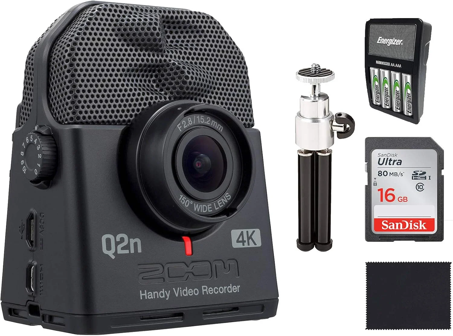 ضبط کننده ویدیویی دستی زوم Q2n-4K به همراه کارت SD 16 گیگابایتی، سه پایه، باتری های قابل شارژ و دستمال