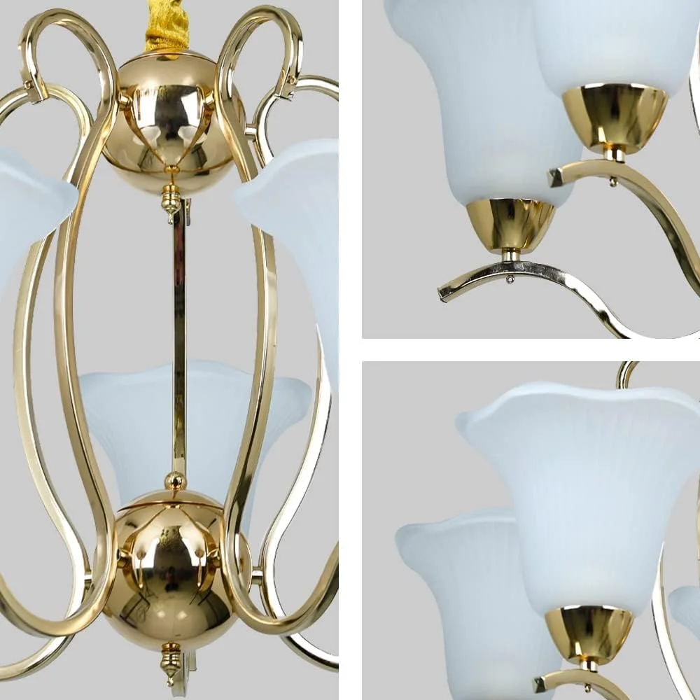 لوستر مدرن 5 شاخه شیشه ای طلایی HUA QIANG WANG، چراغ آویز فلزی به سبک خانه های روستایی، چراغ سقفی اواسط قرن برای اتاق نشیمن، اتاق غذاخوری، اتاق خواب، جزیره آشپزخانه، سرسرا