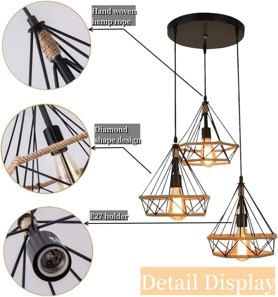 لوستر طنابی کنفی 3 شعله HUA QIANG WANG، چراغ سقفی وینتیج، چراغ آویز صنعتی برای آشپزخانه، جزیره، اتاق نشیمن، اتاق غذاخوری، اتاق خواب، سرسرا