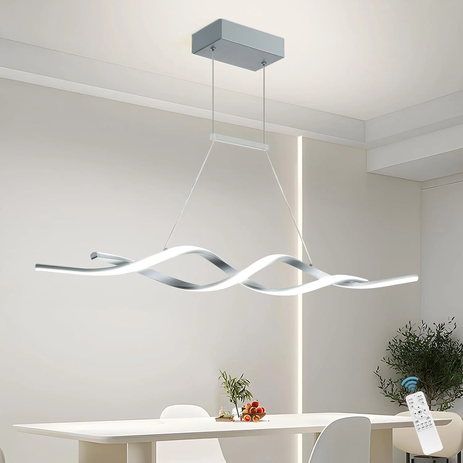 چراغ آویز مدرن Jaycomey، لوستر LED دیمر شونده با کنترل از راه دور، لوستر موجی شکل، مناسب برای اتاق ناهارخوری، جزیره آشپزخانه، رستوران، اتاق نشیمن، 3000-6000K، 28 وات، خاکستری