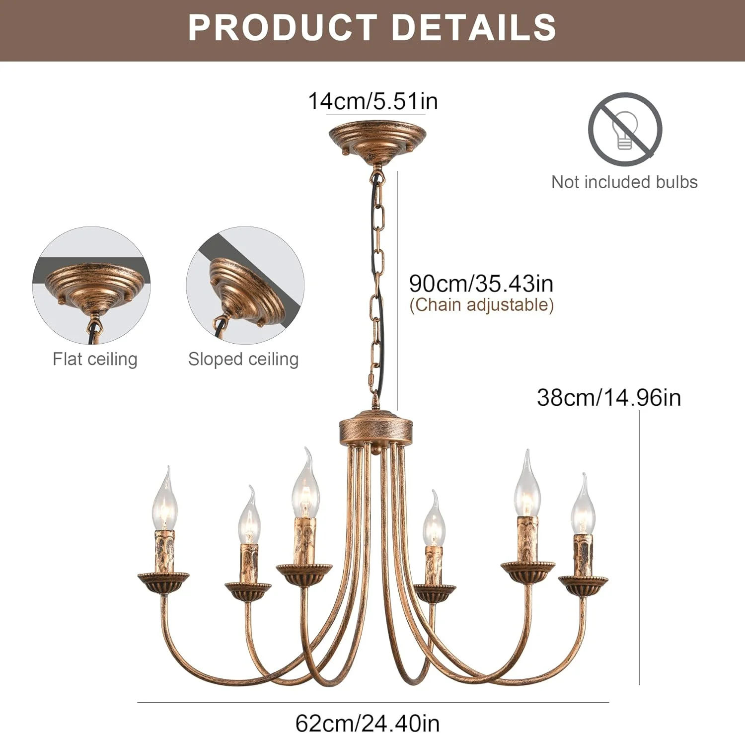لوستر روستیک 6 شاخه Jaycomey، لوستر وینتج فرانسوی به سبک روستایی 62 سانتی متری برنزی با ارتفاع قابل تنظیم، مناسب برای آشپزخانه جزیره ای، خانه های روستایی، اتاق ناهار خوری، اتاق نشیمن، پایه E14