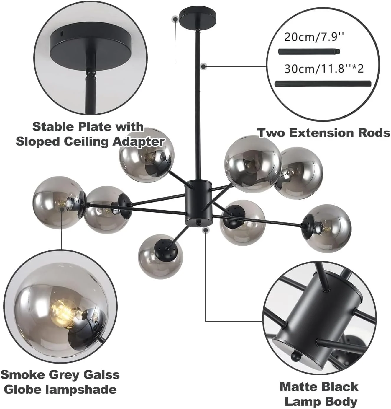 لوستر مدرن کروی شیشه ای KCO Lighting، لوستر 8 شاخه مدل Sputnik، چراغ آویز مدرن اواسط قرن، لوستر صنعتی طرح خانه روستایی (مشکی + خاکستری دودی) لوستر مدرن کروی شیشه ای KCO Lighting، لوستر 8 شاخه مدل Sputnik، چراغ آویز مدرن اواسط قرن، لوستر صنعتی طرح خانه روستایی (مشکی + خاکستری دودی)