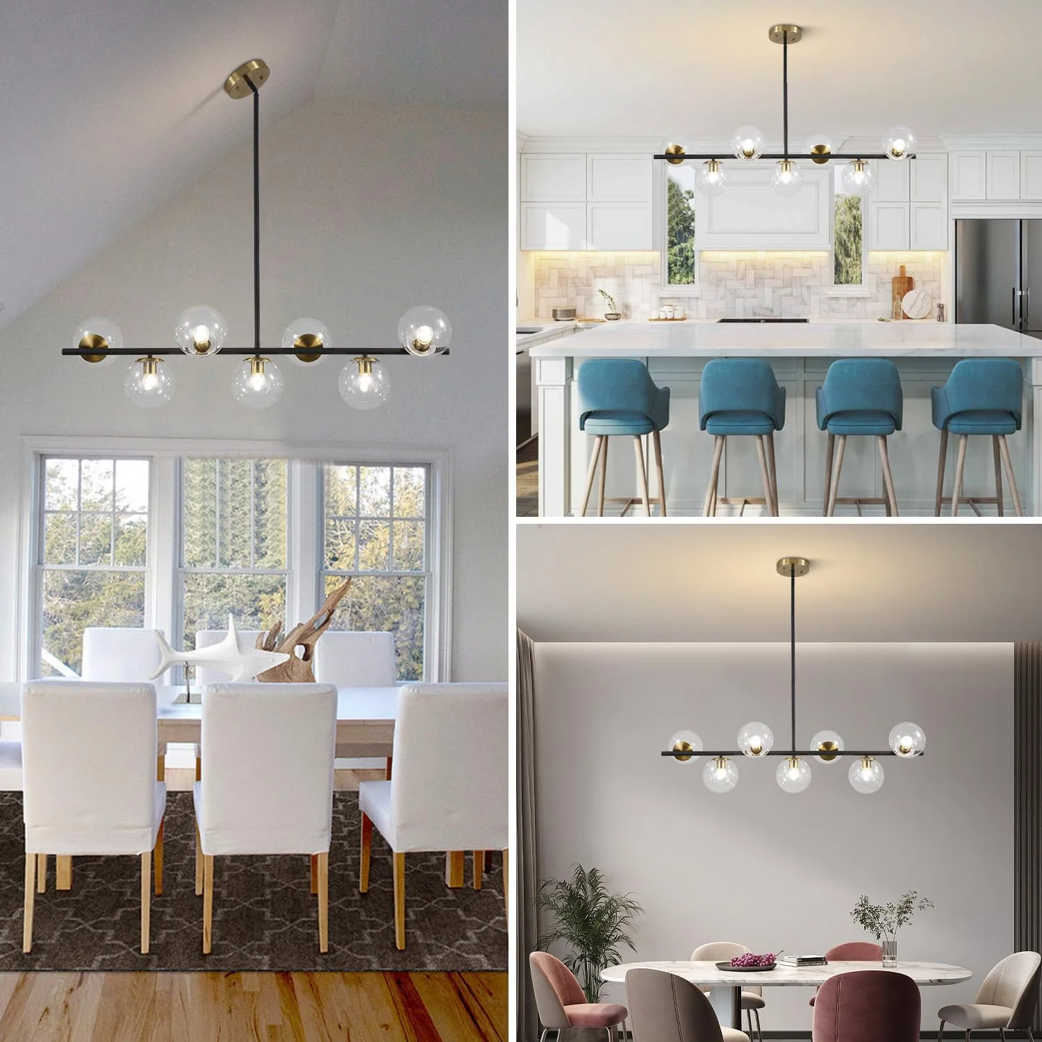 لوستر مشکی و طلایی KCO Lighting، چراغ آویز 7 شعله با حباب های شیشه ای شفاف، لوستر مدرن بزرگ کروی Sputnik، لوستر خطی طلایی مناسب آشپزخانه و آویز لوستر مشکی و طلایی KCO Lighting، چراغ آویز 7 شعله با حباب های شیشه ای شفاف، لوستر مدرن بزرگ کروی Sputnik، لوستر خطی طلایی مناسب آشپزخانه و آویز