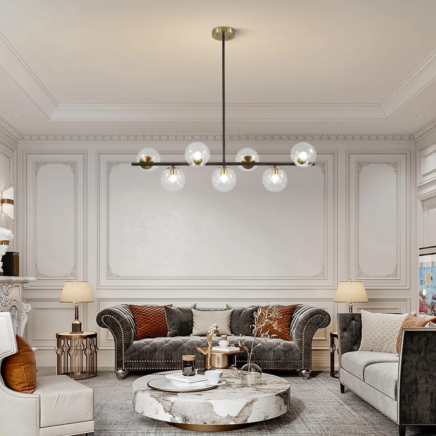 لوستر مشکی و طلایی KCO Lighting، چراغ آویز 7 شعله با حباب های شیشه ای شفاف، لوستر مدرن بزرگ کروی Sputnik، لوستر خطی طلایی مناسب آشپزخانه و آویز لوستر مشکی و طلایی KCO Lighting، چراغ آویز 7 شعله با حباب های شیشه ای شفاف، لوستر مدرن بزرگ کروی Sputnik، لوستر خطی طلایی مناسب آشپزخانه و آویز
