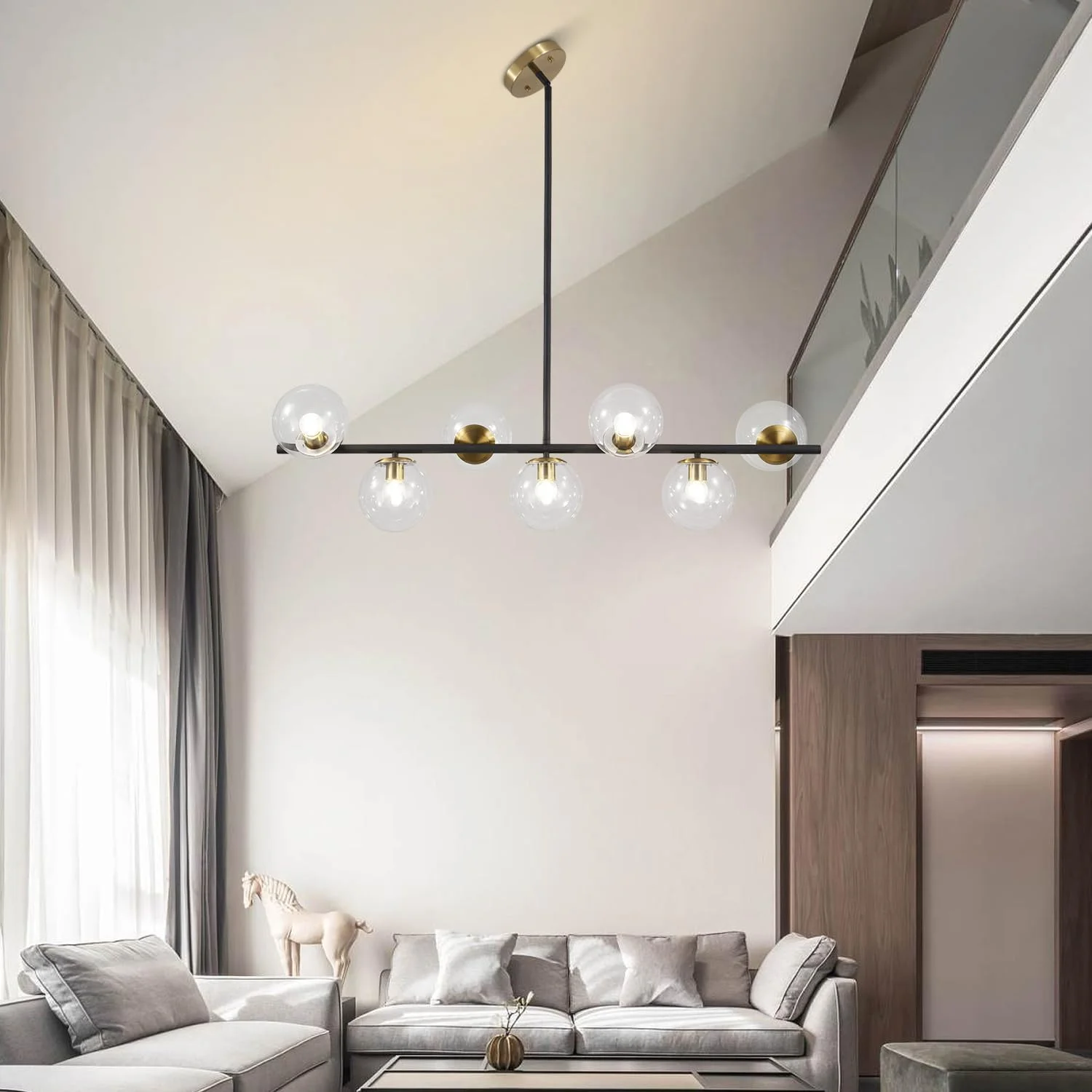لوستر مشکی و طلایی KCO Lighting، چراغ آویز 7 شعله با حباب های شیشه ای شفاف، لوستر مدرن بزرگ کروی Sputnik، لوستر خطی طلایی مناسب آشپزخانه و آویز لوستر مشکی و طلایی KCO Lighting، چراغ آویز 7 شعله با حباب های شیشه ای شفاف، لوستر مدرن بزرگ کروی Sputnik، لوستر خطی طلایی مناسب آشپزخانه و آویز