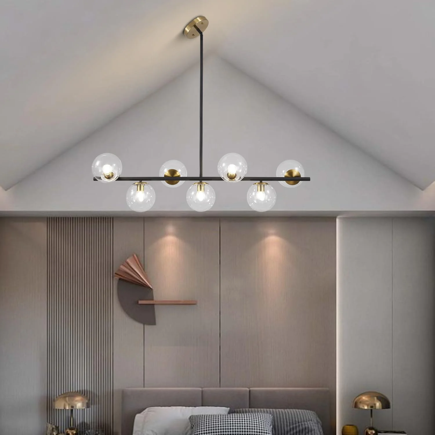 لوستر مشکی و طلایی KCO Lighting، چراغ آویز 7 شعله با حباب های شیشه ای شفاف، لوستر مدرن بزرگ کروی Sputnik، لوستر خطی طلایی مناسب آشپزخانه و آویز لوستر مشکی و طلایی KCO Lighting، چراغ آویز 7 شعله با حباب های شیشه ای شفاف، لوستر مدرن بزرگ کروی Sputnik، لوستر خطی طلایی مناسب آشپزخانه و آویز