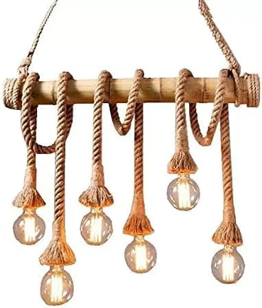 لوستر طنابی کنفی بامبو AFN LIGHTINGS - چراغ آویز سقفی صنعتی 6 شاخه، آویز جدید کنفی و بامبو